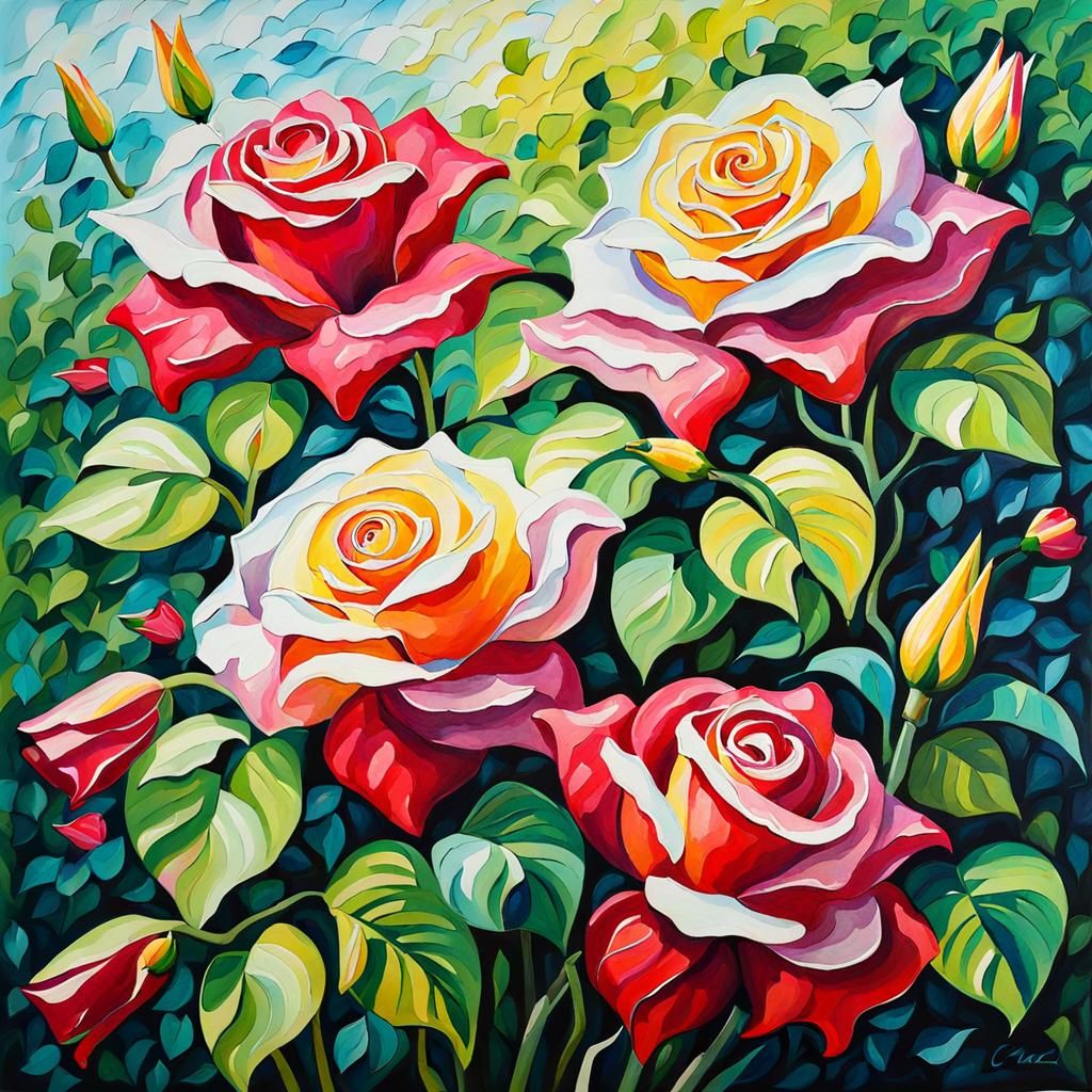 Roses and Lilies: Neo-Impressionist Impasto Painting
