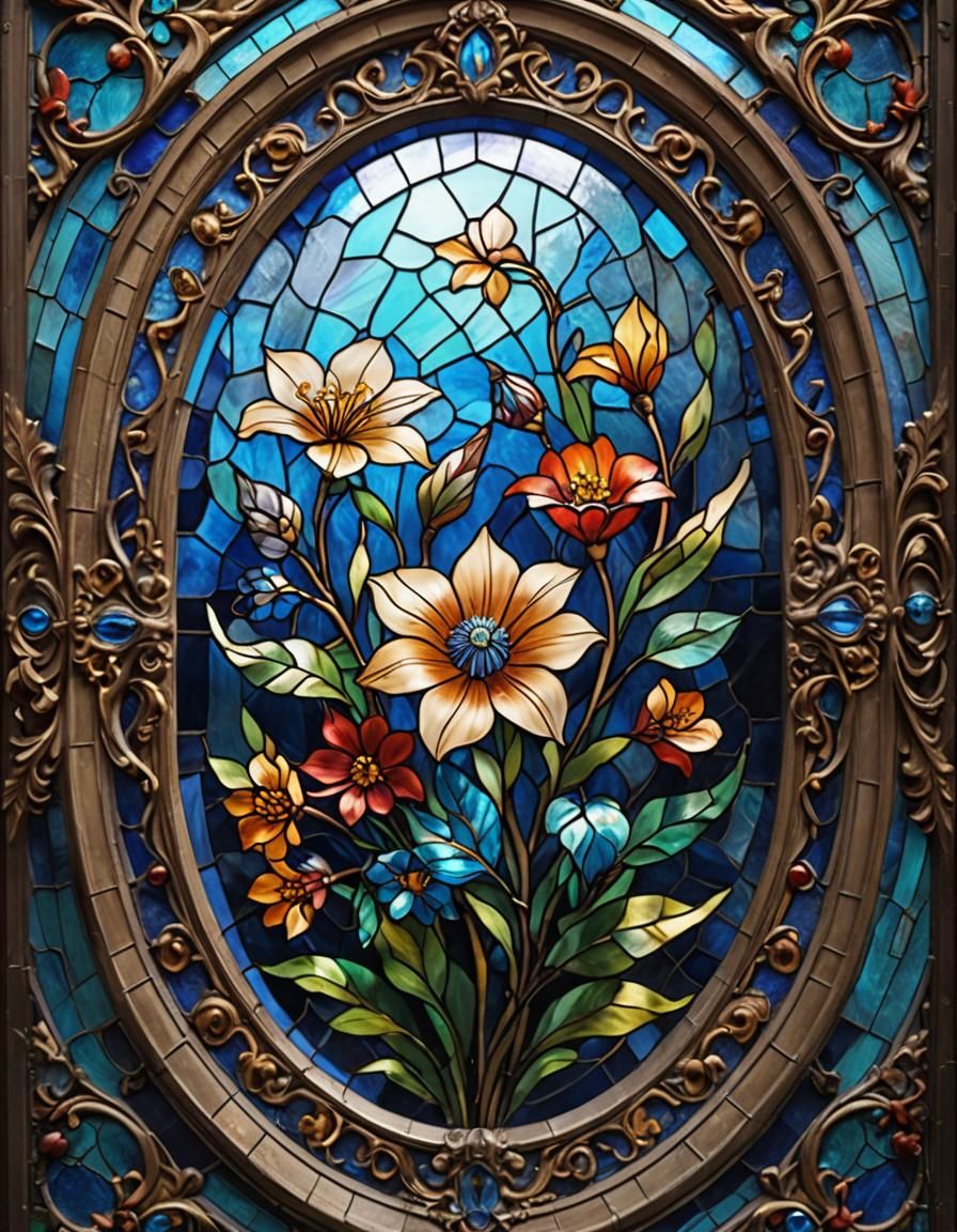 Ornate Stained Glass Flower in Art Nouveau Style