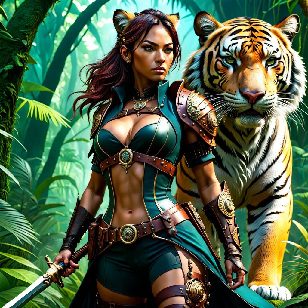 Steampunk Tiger Woman Hybrid in Jungle Setting