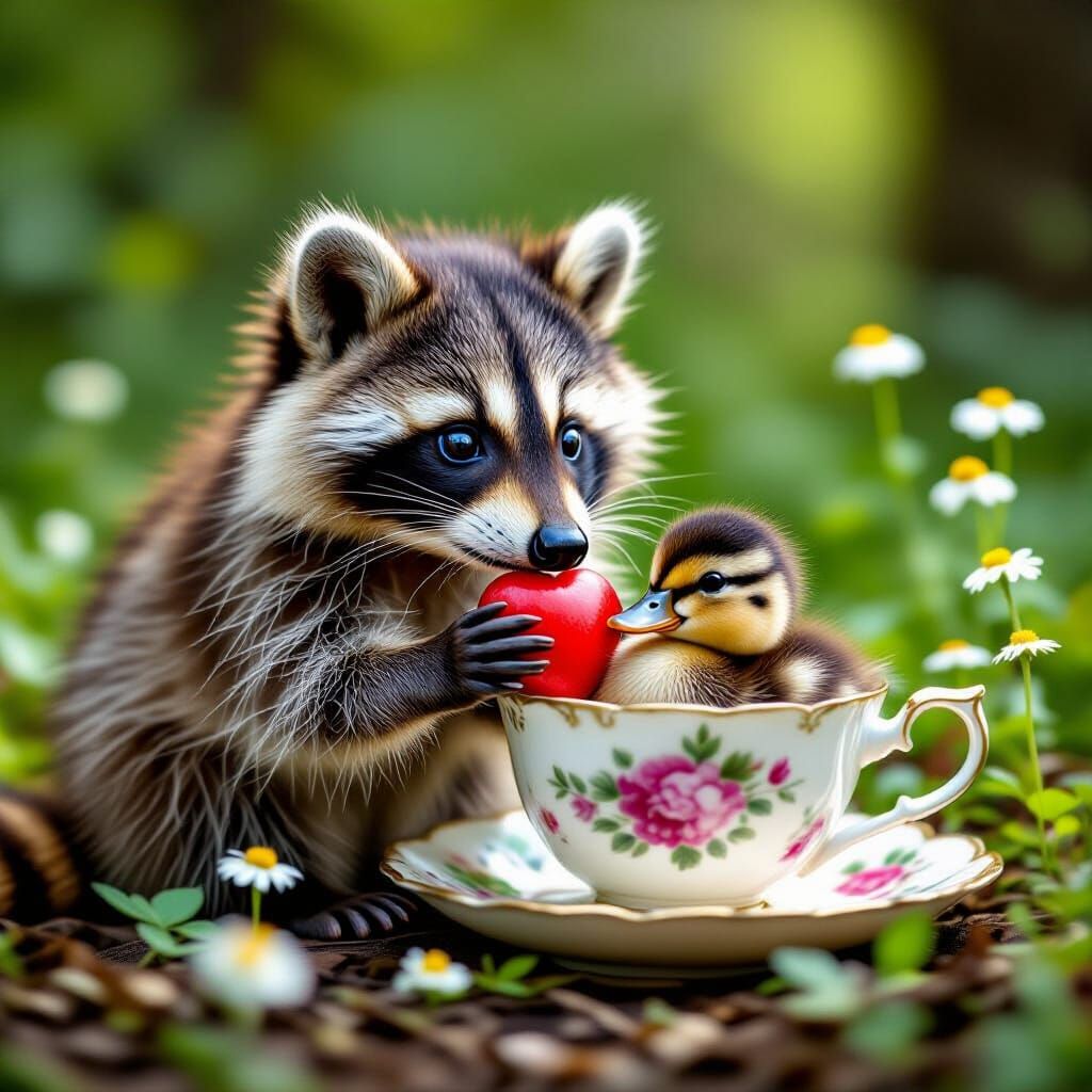 Raccoon Offers Berry to Duckling in Teacup