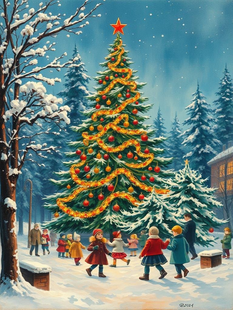 Soviet New Year's Postcard: Children Playing in Winter