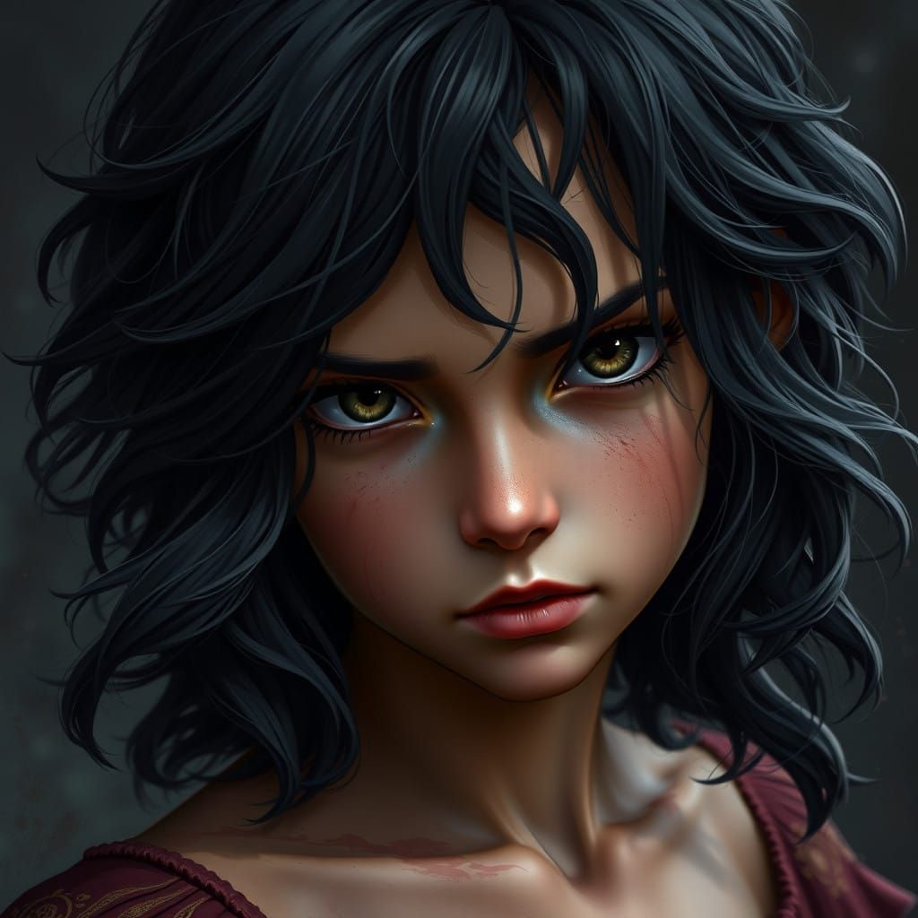Girl with Dark, Wild Hair and Piercing Eyes in Fantasy Conce...