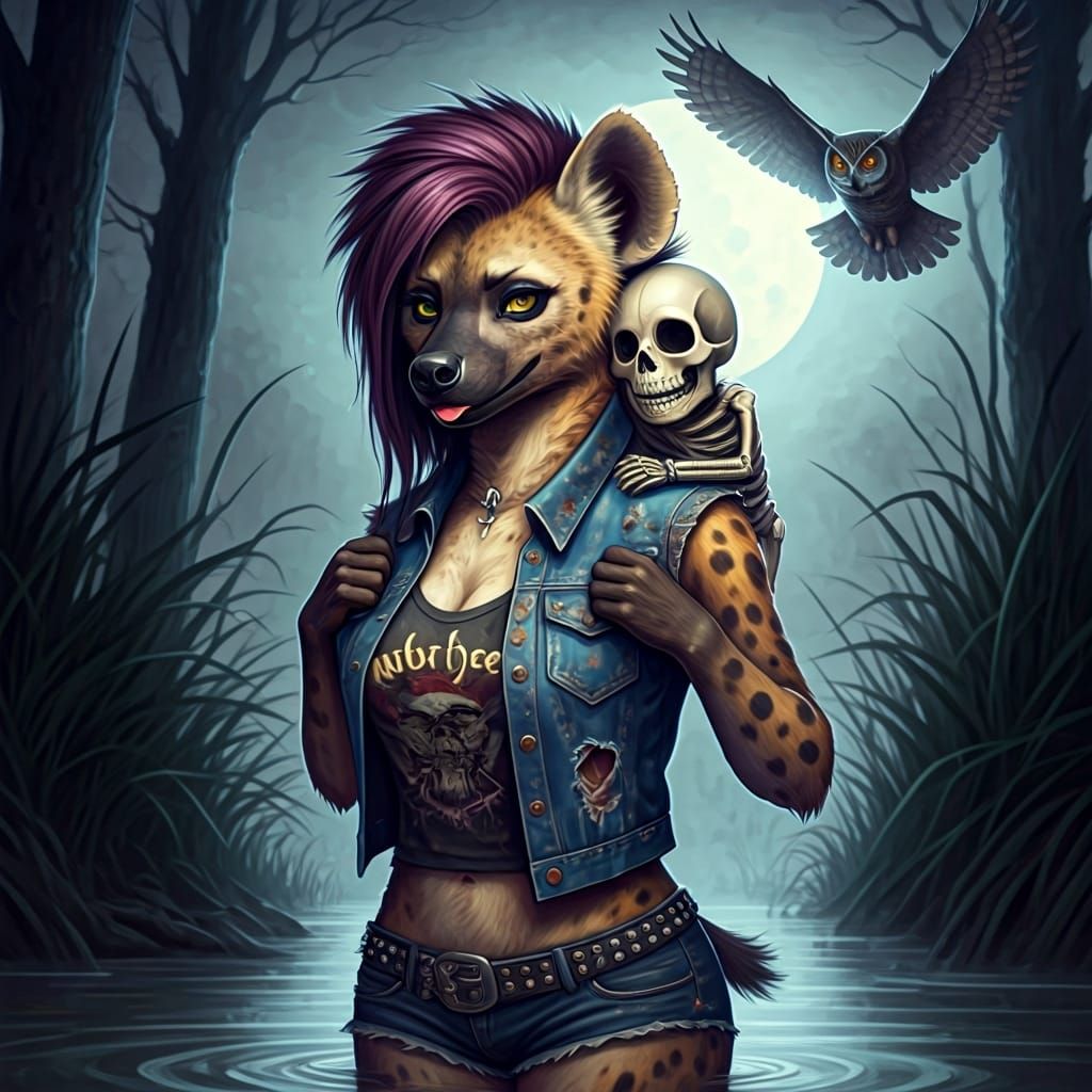 Whimsical Hyena and Skeleton in Swamp, Watercolor Style