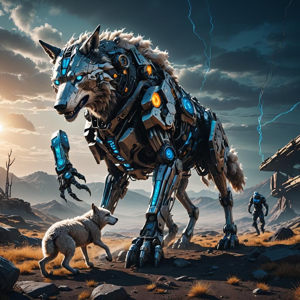 Cyborg Wolf Chasing Sheep in Sci-Fi Landscape