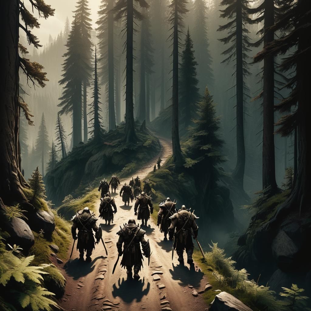 Orcs on Forest Path in Sepia Matte Painting