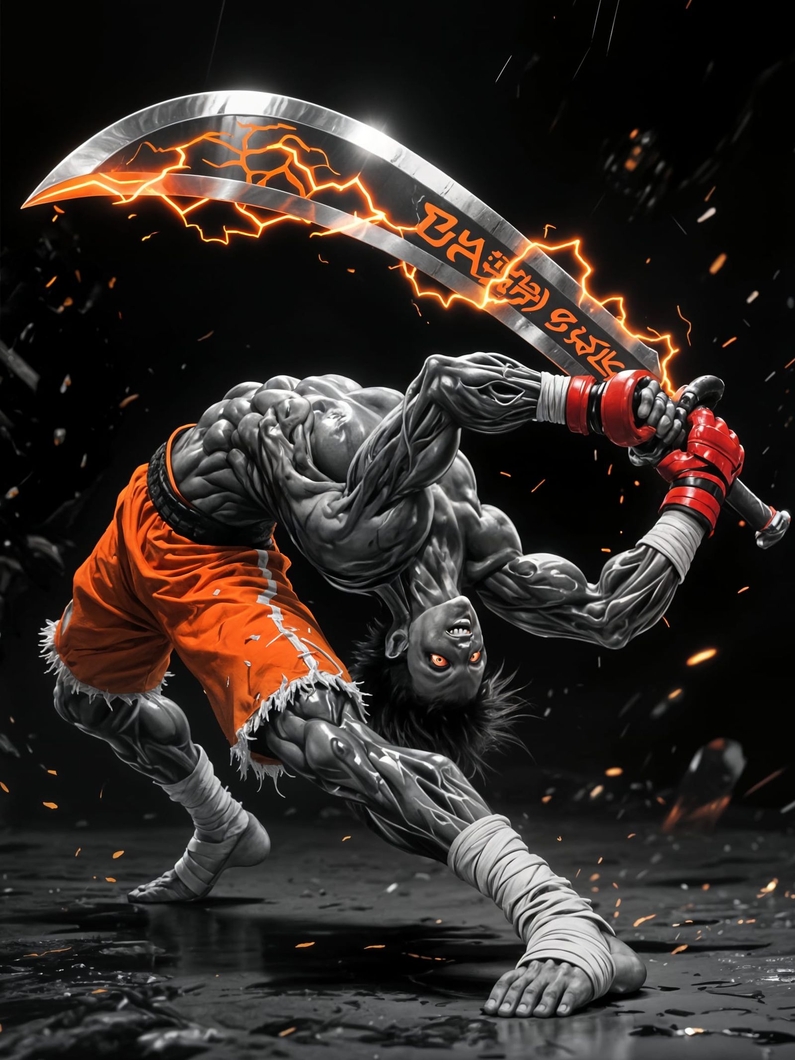 Baki-Inspired Warrior in Extreme Pose with Lightning Sword