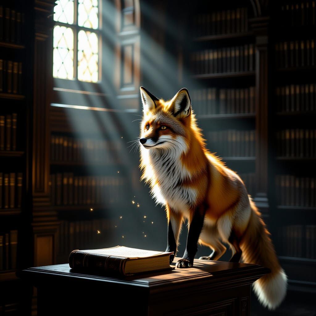 Majestic Fox in Renaissance Library Oil Painting