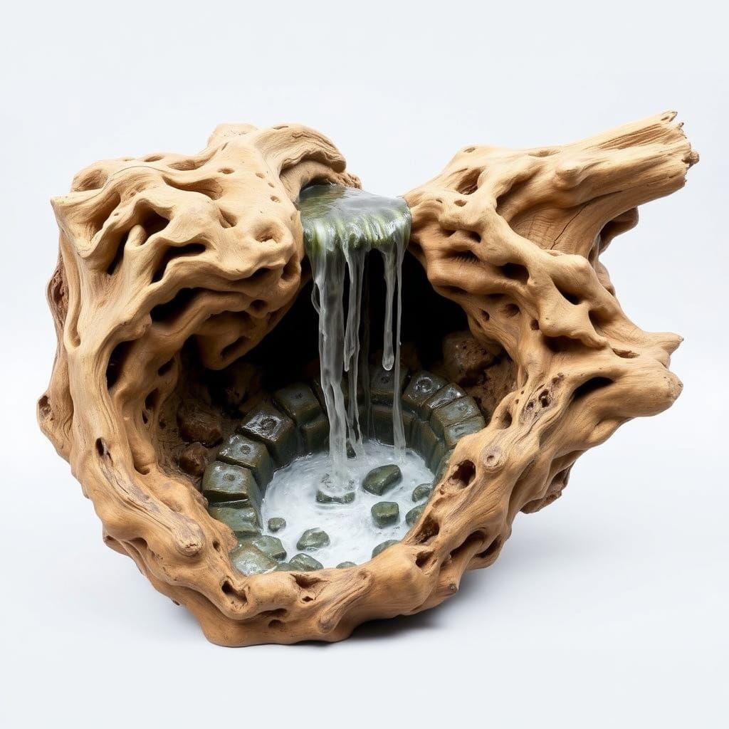 a sculpture of a waterfall carved from driftwood