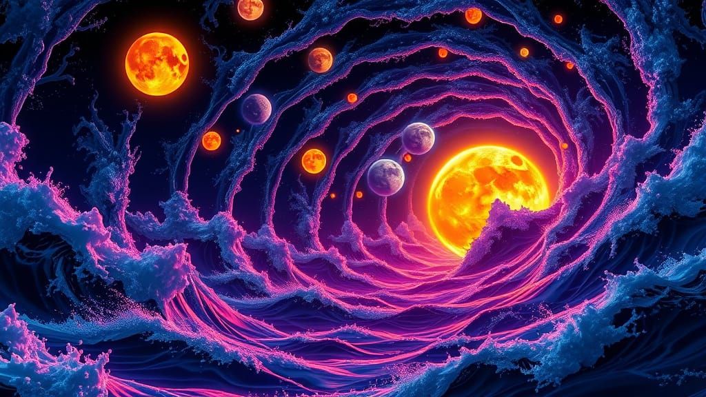 Bioluminescent Fibonacci Spiral with Glowing Suns and Moons