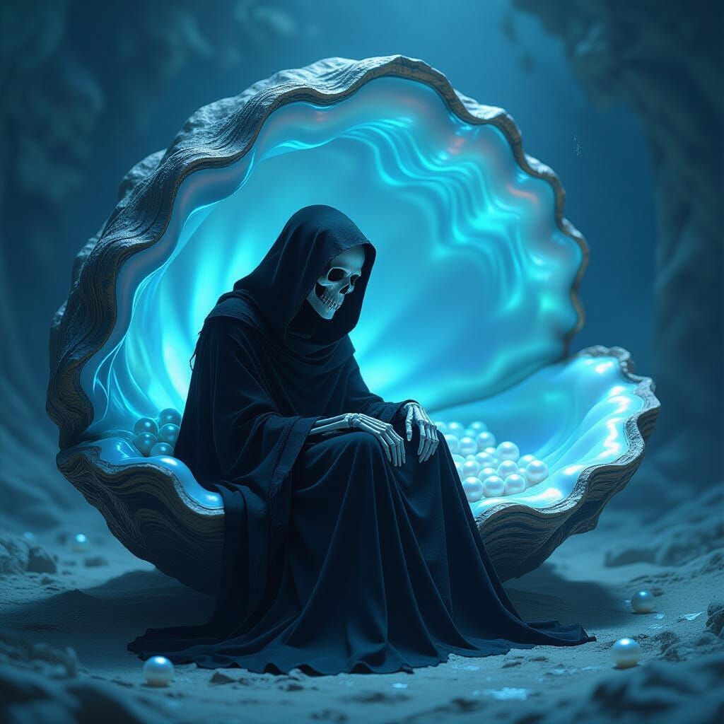 Grim Reaper Inside Giant Oyster, Dark Fantasy Art