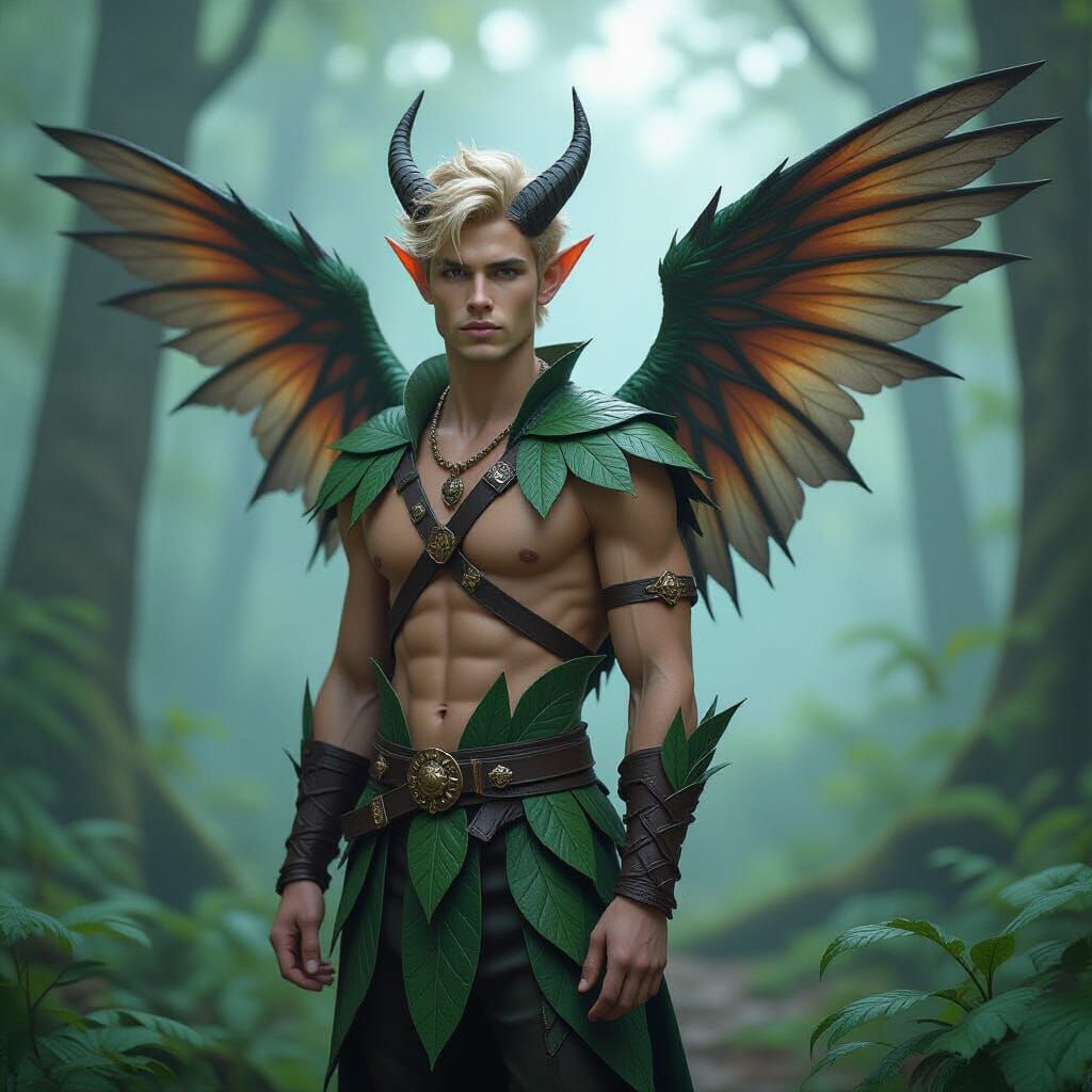 Hyperrealistic Male Pixie with Wings in Forest