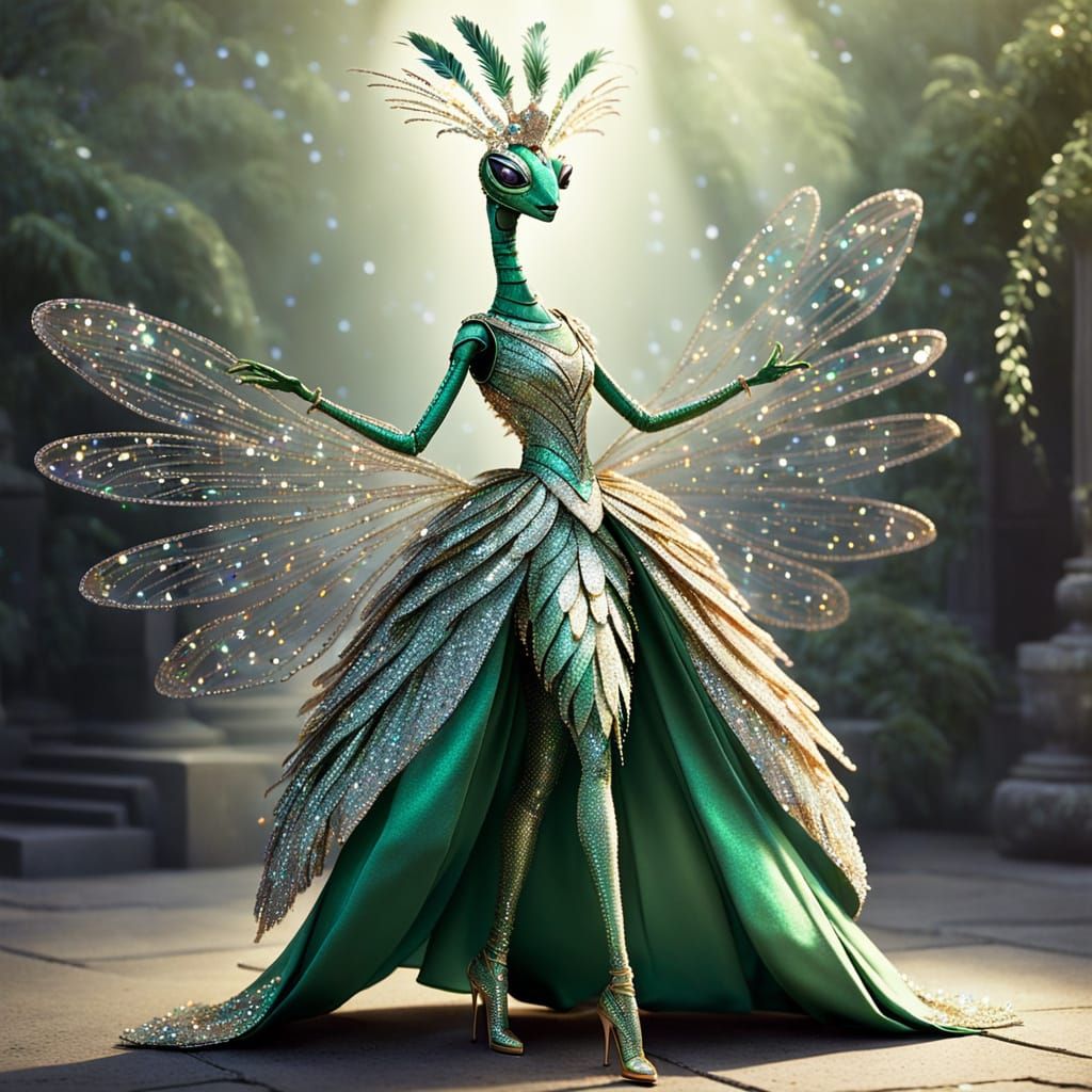 Glamorous Mantis in Sequined Gown and Feathers