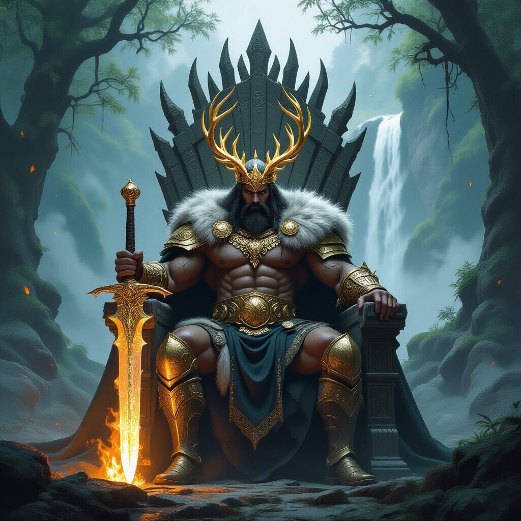 Warrior King on Stone Throne in Misty Forest