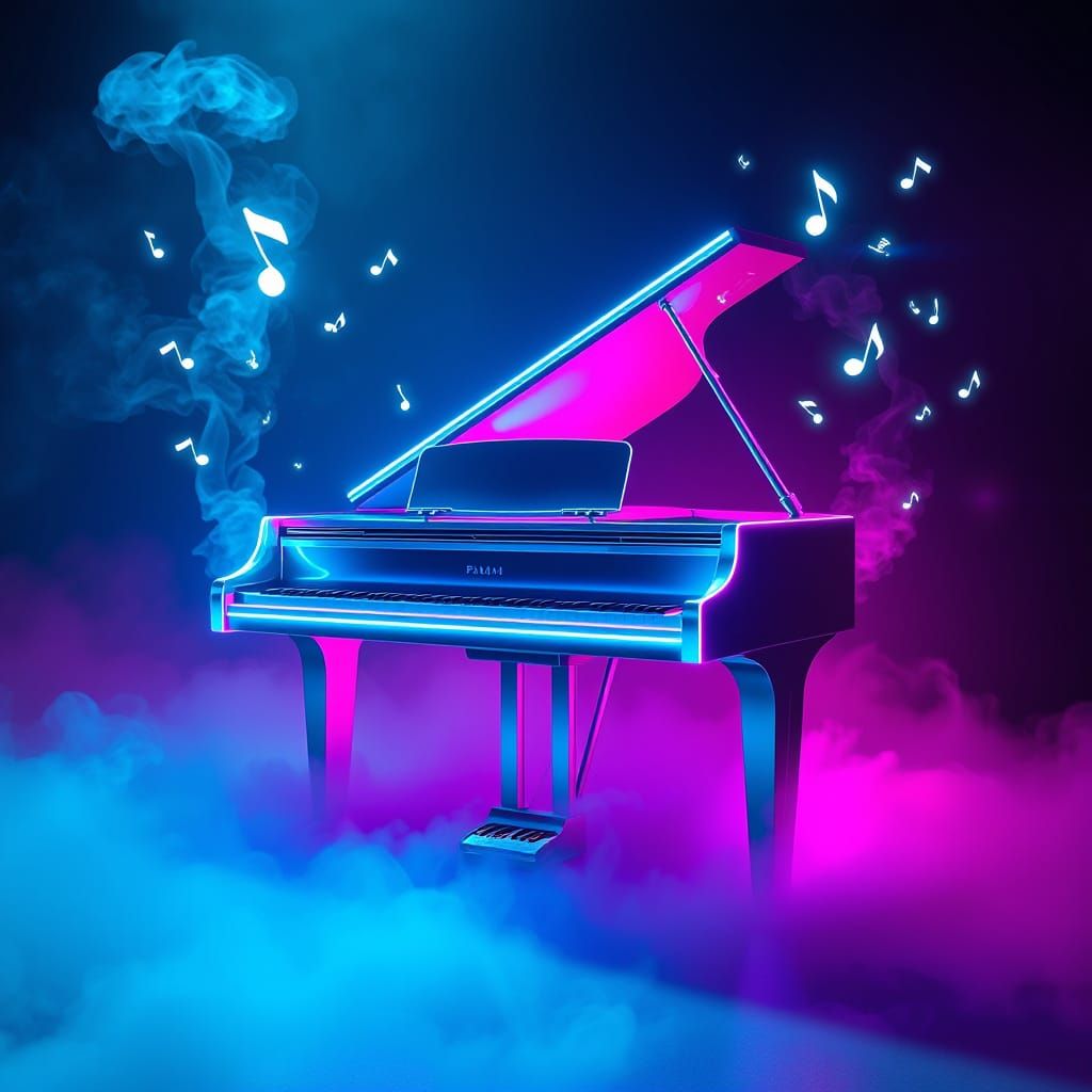 Surreal Neon Piano Surrounded by Swirling Smoke and Glowing ...