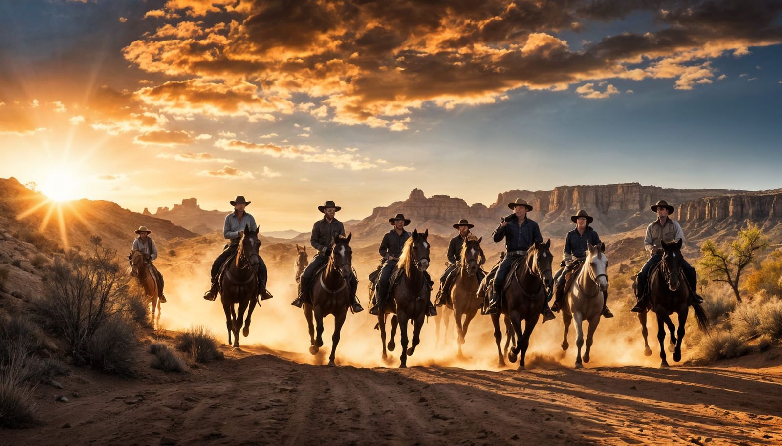 Magnificent Seven Ride at Sunset: Gouache Watercolor