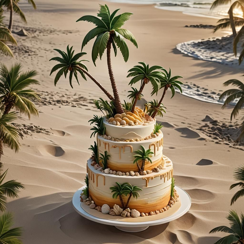 Palm Tree Cake on Calm Beach at Sunrise
