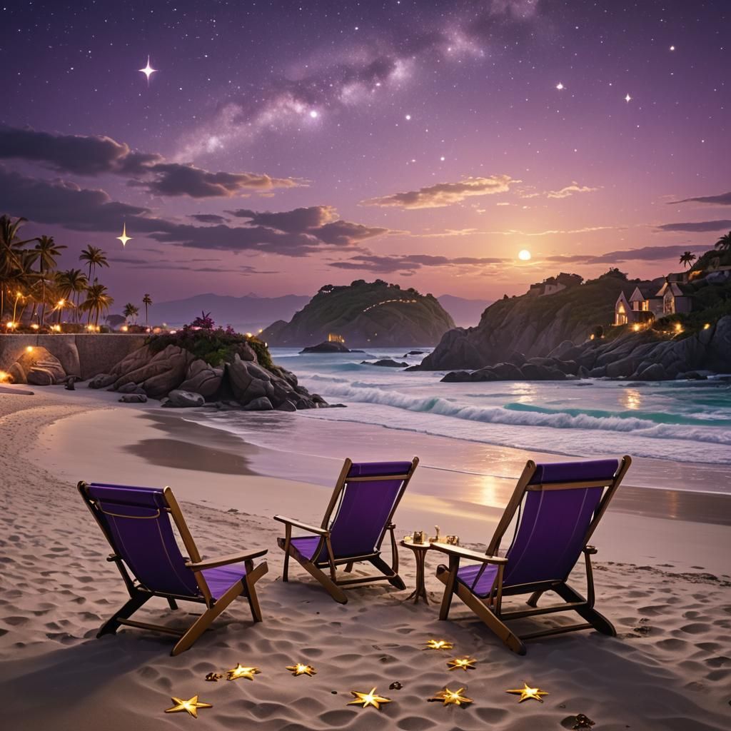 Enchanted Beach Sunset with Bioluminescent Stars