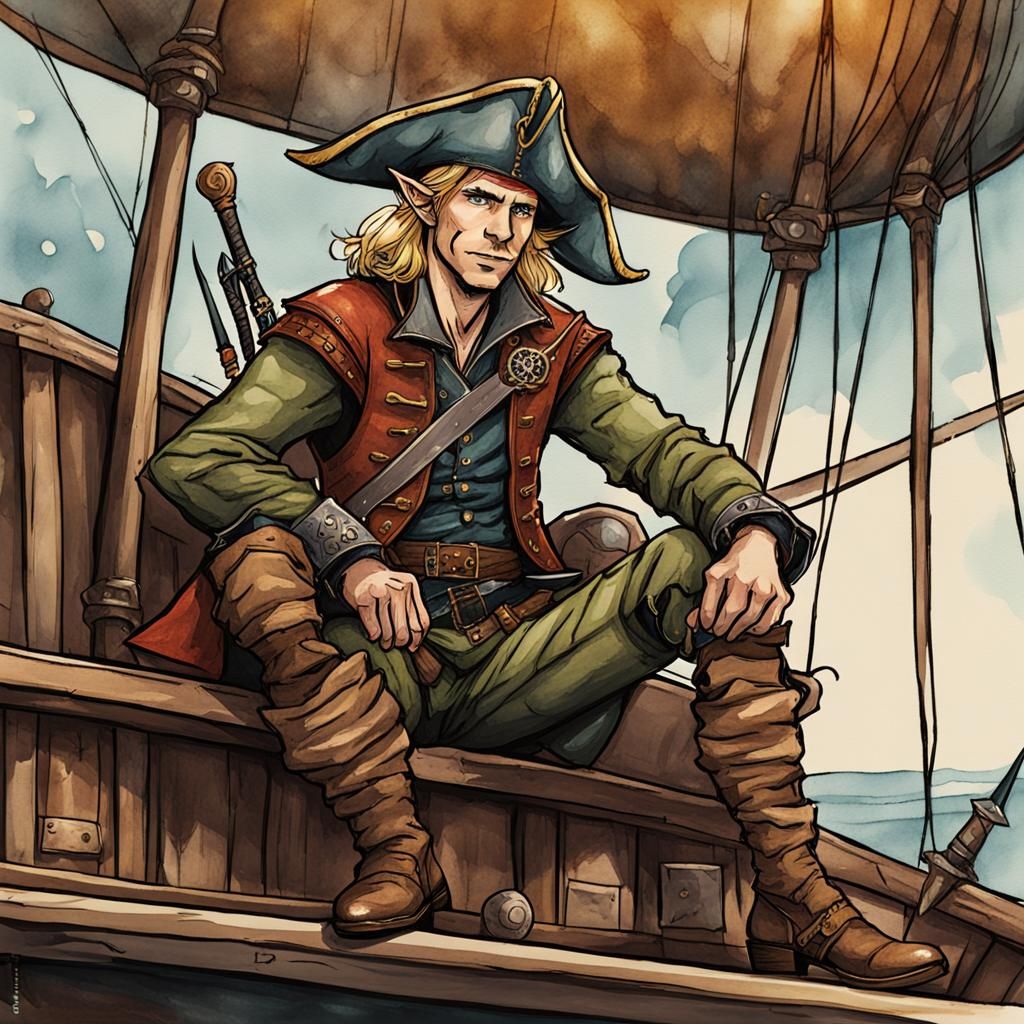 Half-Elf Archer on Airship Deck Illustration