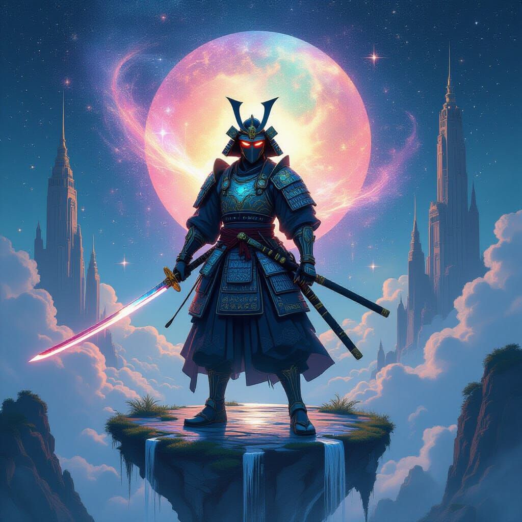 Spectral Samurai Warrior on Floating Island in Art Nouveau S...