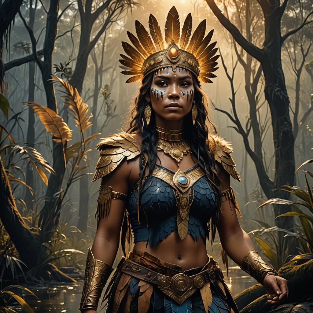Aboriginal Warrior Princess in Mystical Swamp Forest