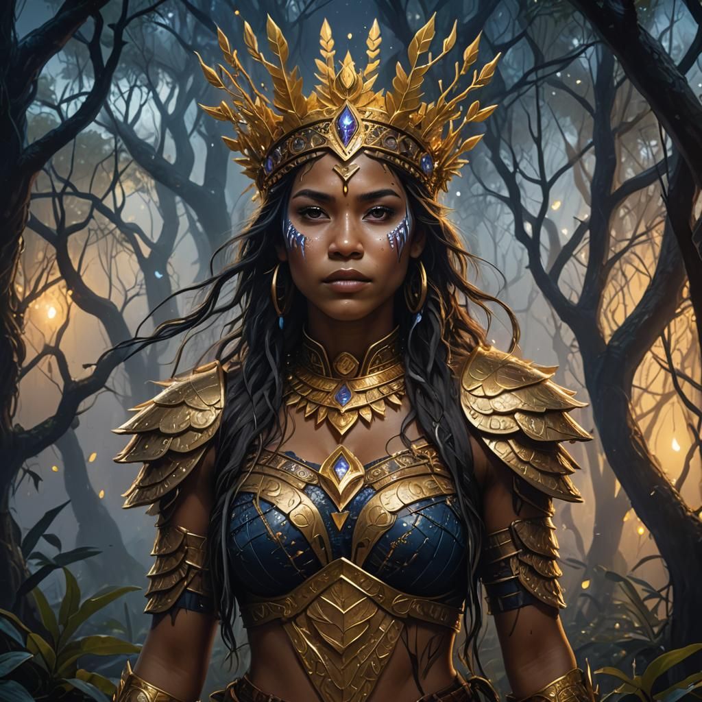 Aboriginal Warrior Princess in Misty Forest