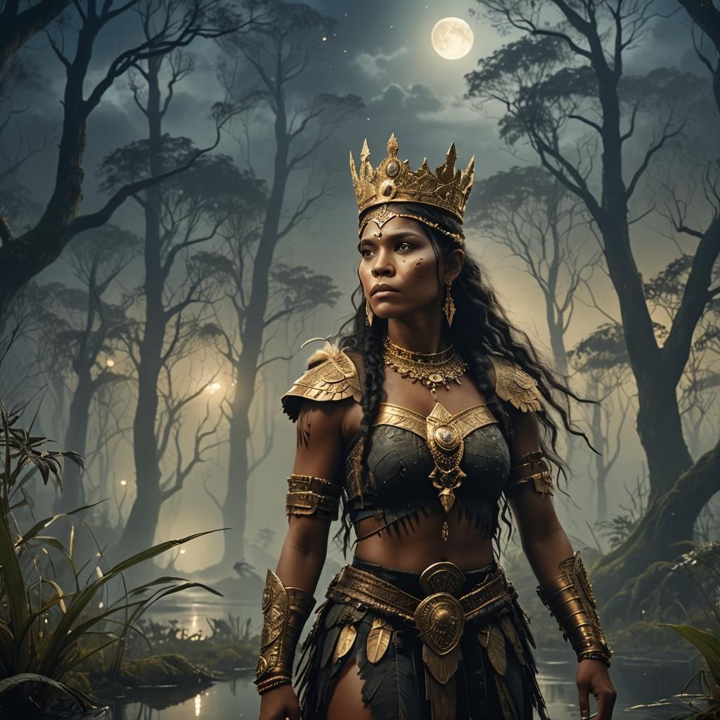 Aboriginal Warrior Princess in Misty Forest