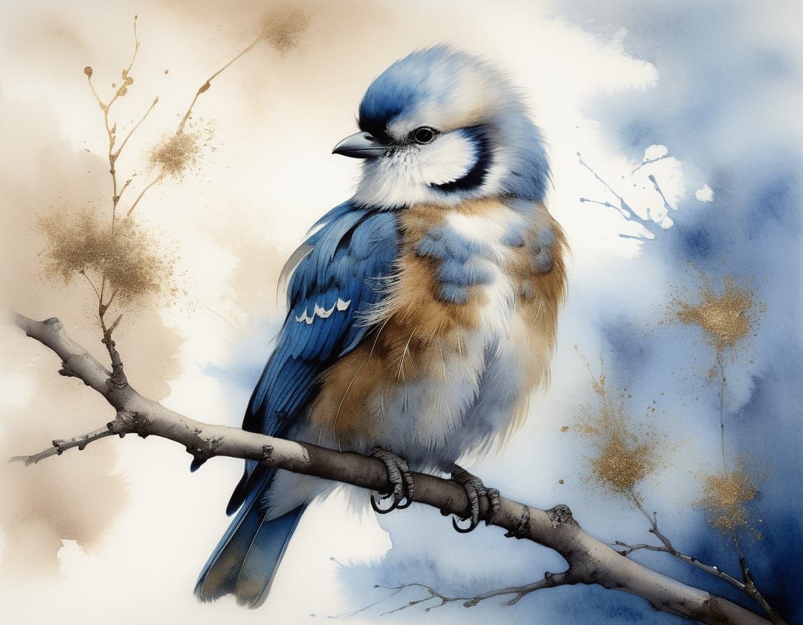 Fluffy Bird on Branch in Watercolour Style