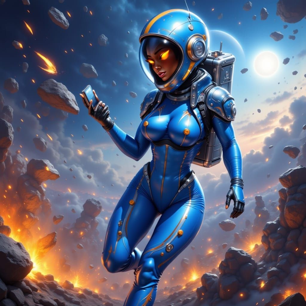 Blue Alien Space Cadet Navigating Explosive Debris