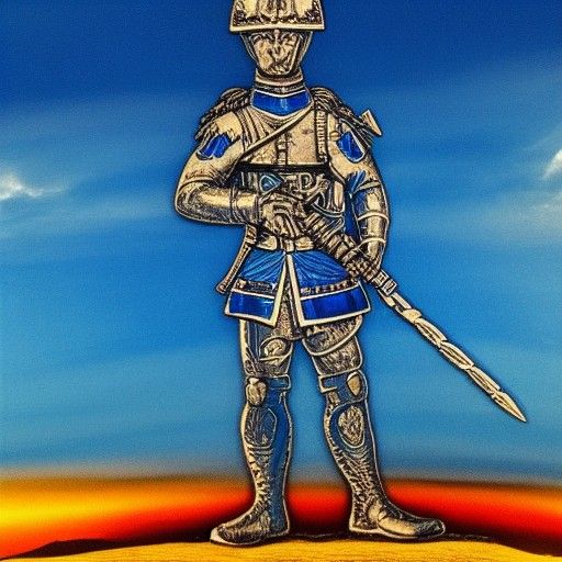 Blue Soldier with Glowing Spear at Sunset