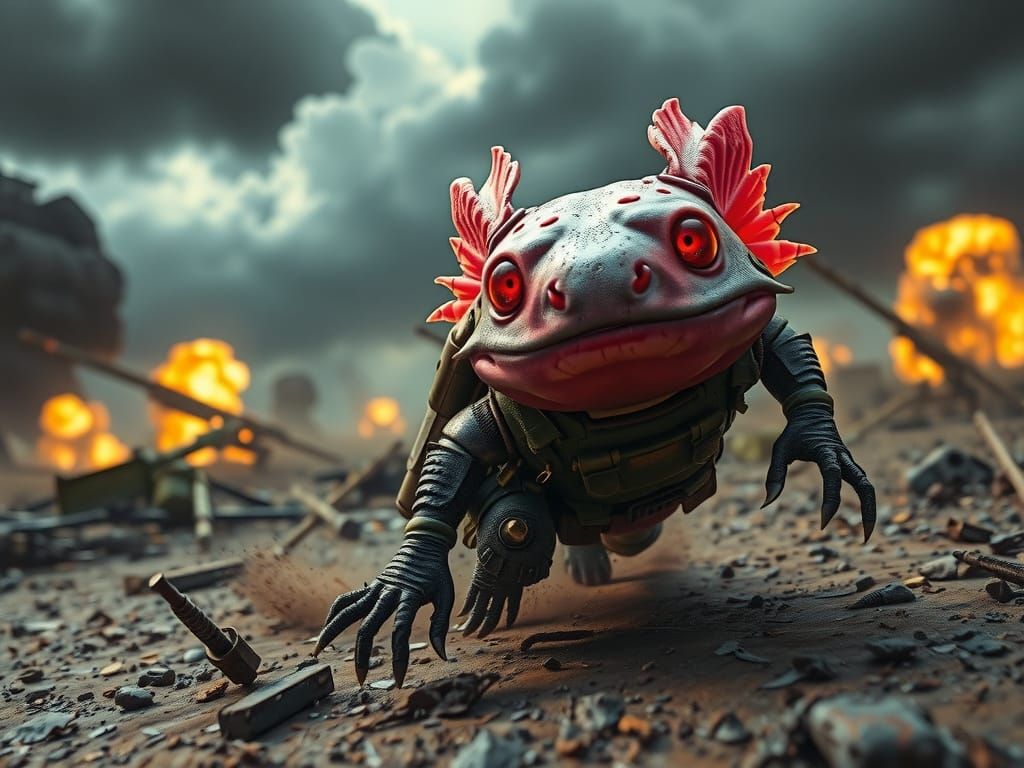 Axolotl Warrior in Turbulent Battlefield