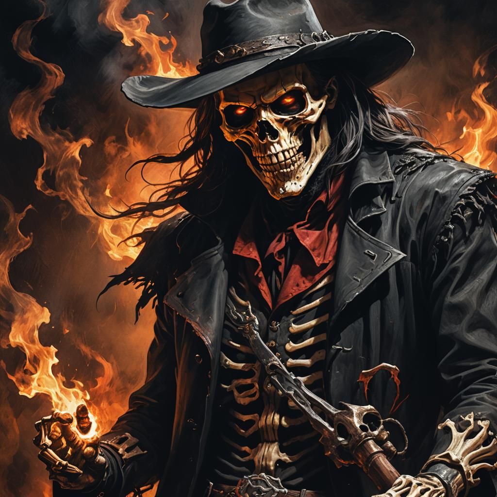 Skeleton Cowboy Grabs Devil: Dark Fantasy Portrait