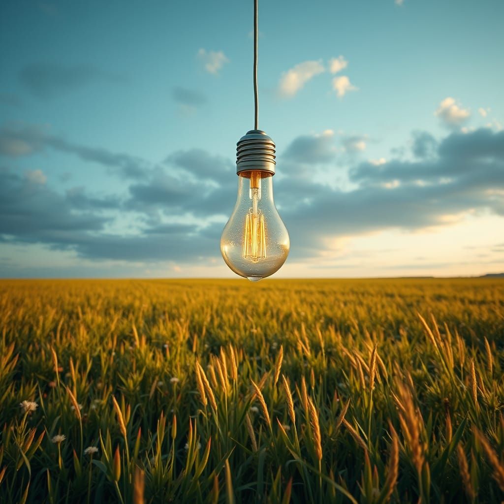 Surreal Light Bulb Sails Above a Serene Meadow