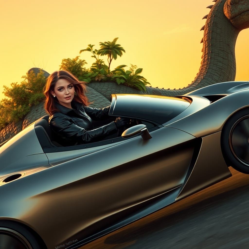 Woman Drives Supercar on Dinosaur Back