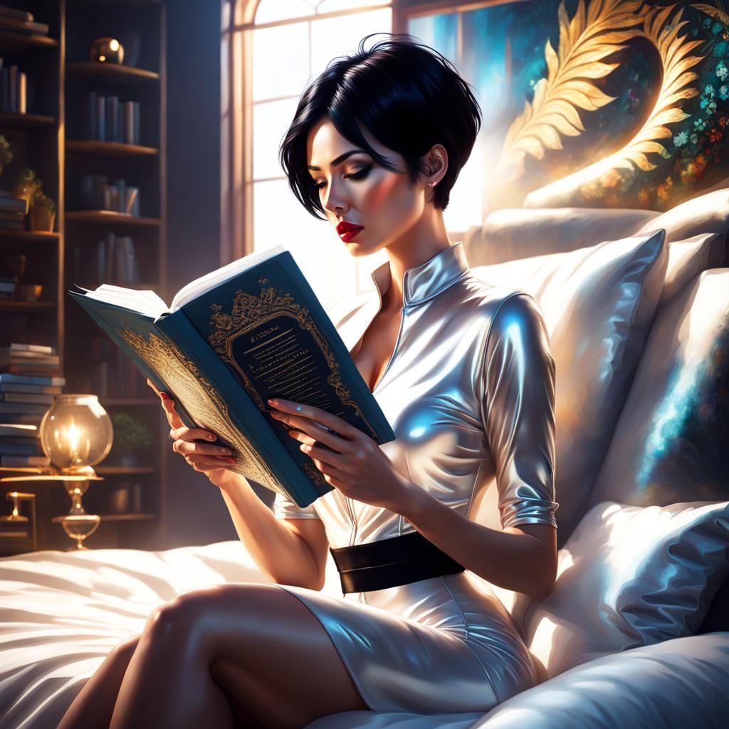 Woman Reading in Latex: Hyperrealistic Digital Art