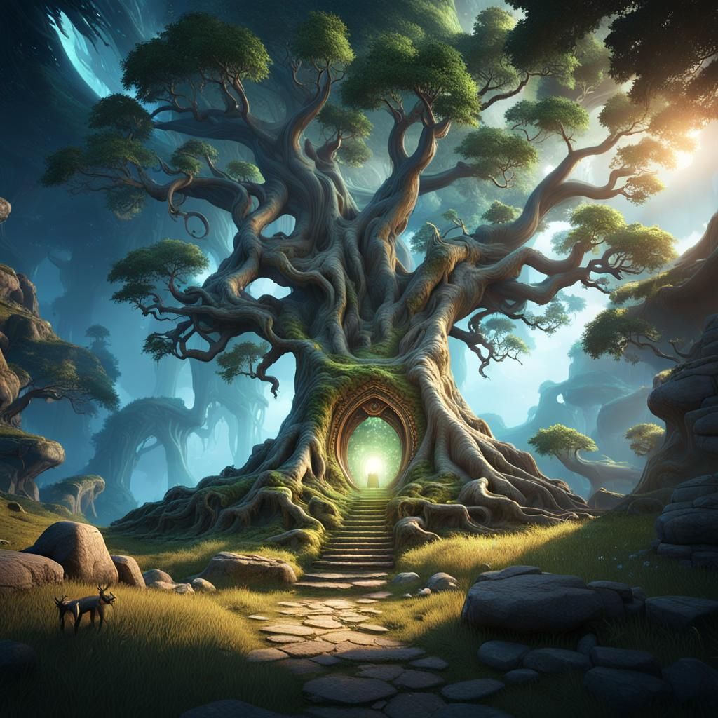 Mystical Portal in Ancient Tree Roots, 3D Render