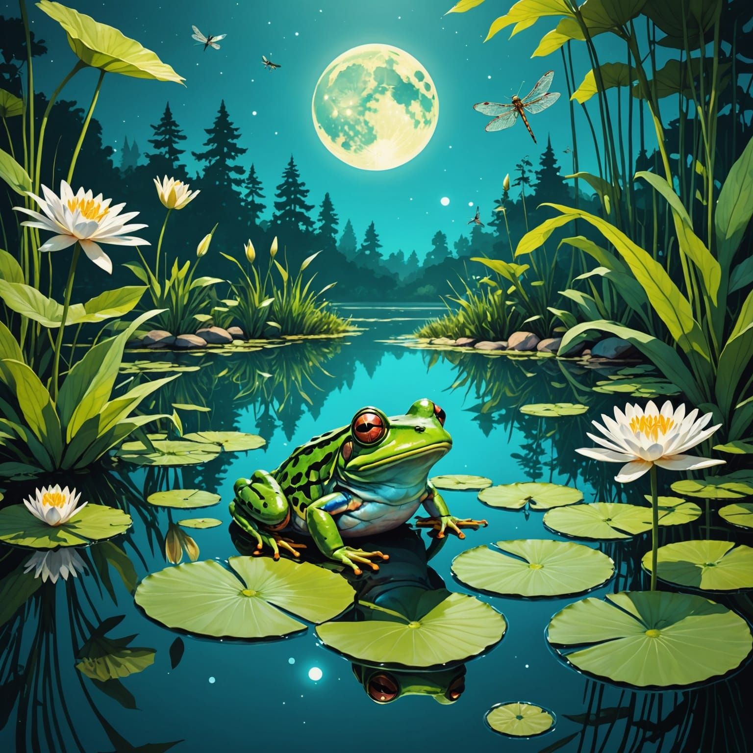 Frog and Dragonfly Under Turquoise Moon: Double Exposure