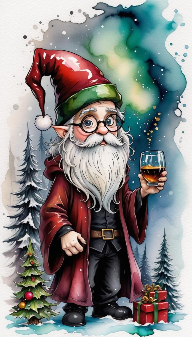 Harry Potter in Santa Hat, Whimsical Alcohol Ink Art