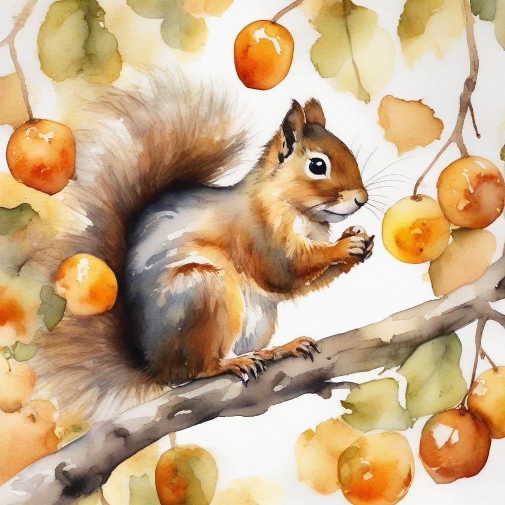 Whimsical Watercolour Squirrel with Golden Plums