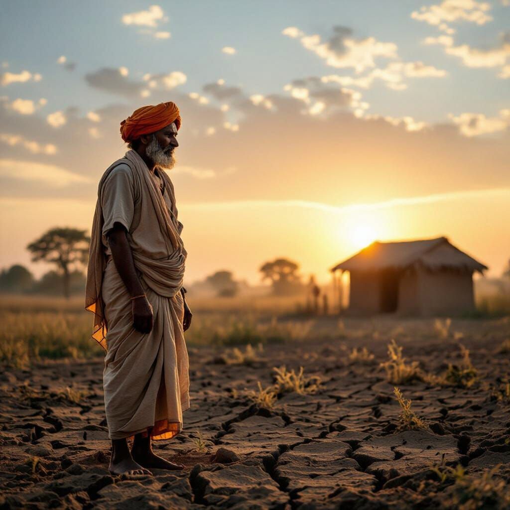 Indian Farmer in Dry Field at Sunrise