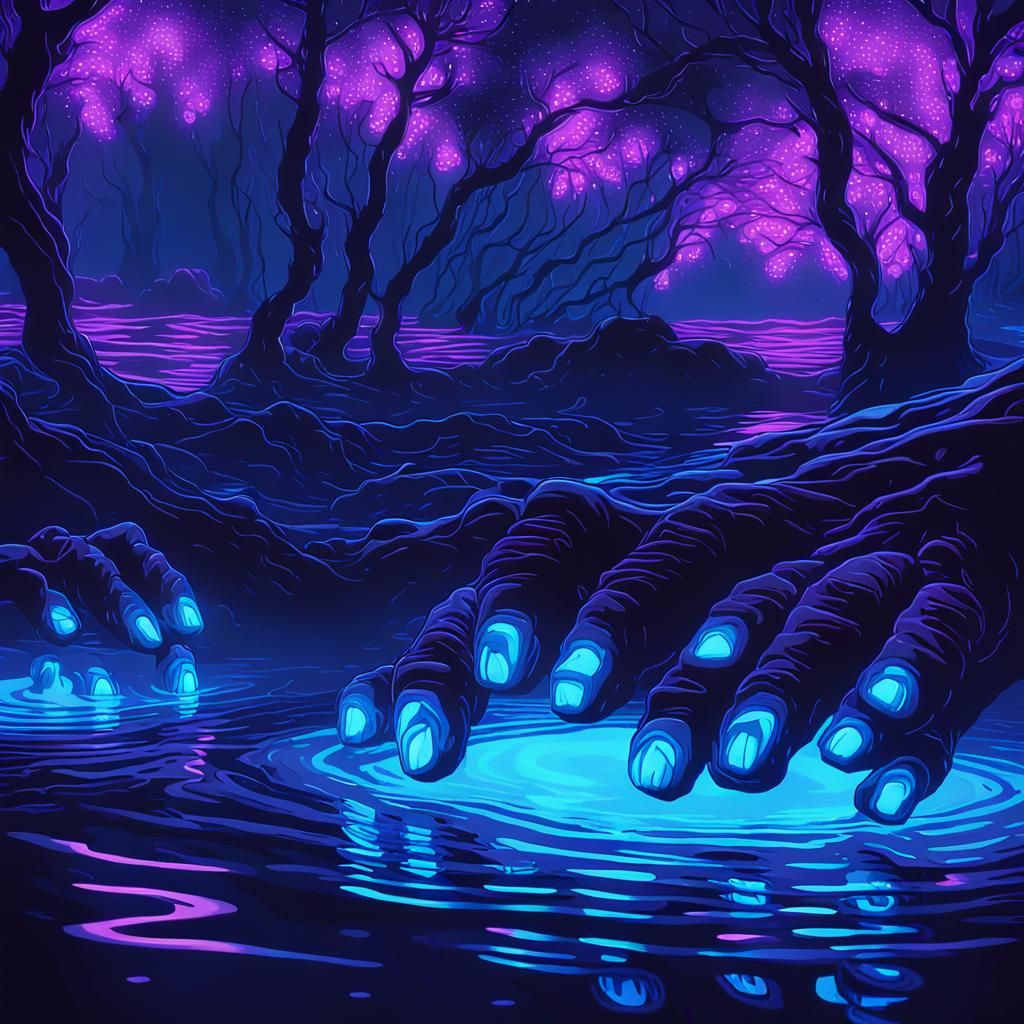 Synthwave Neon Lake with Submerged Faces