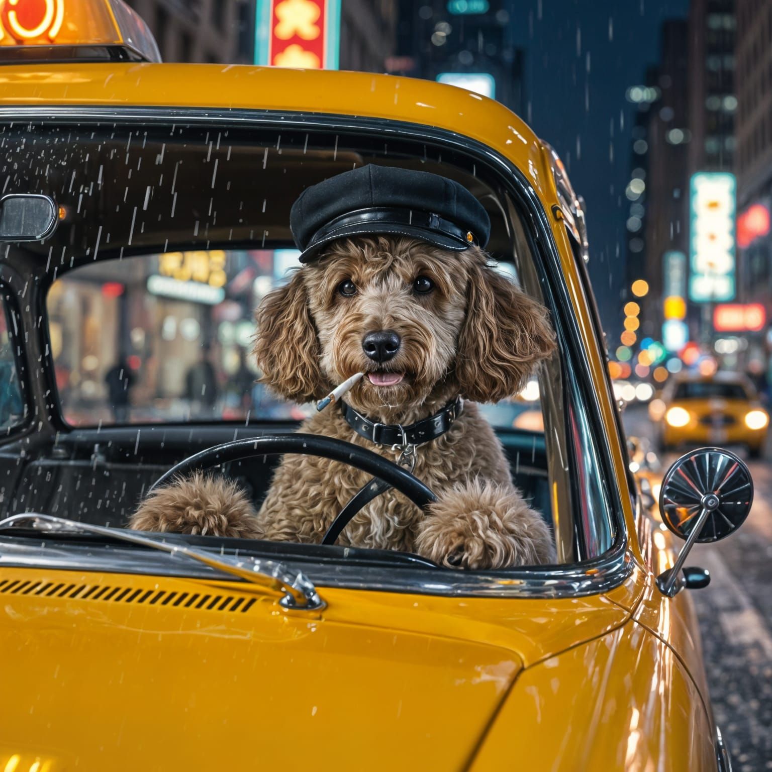 Grumpy Poodle Drives Vintage NYC Taxi at Night