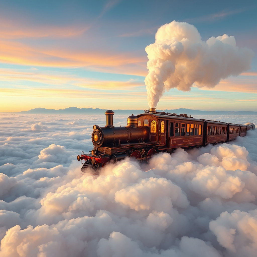 Steam Train Gliding on Clouds at Sunset