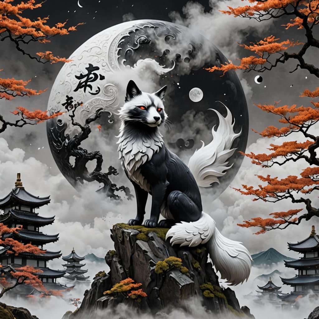 Kitsune Yin Yang in Japanese Fantasy Landscape