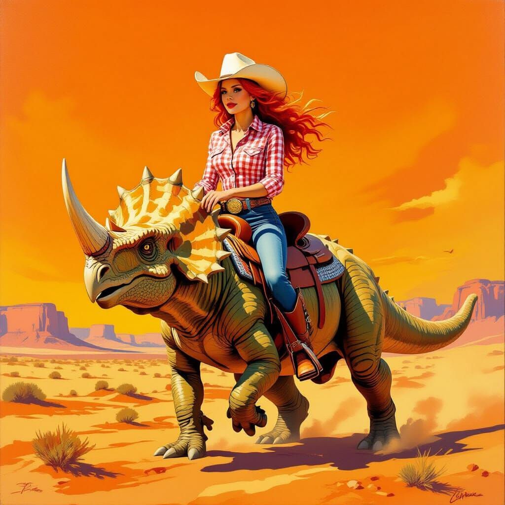 Woman Rides Triceratops in Alien Desert: Impressionistic Sty...