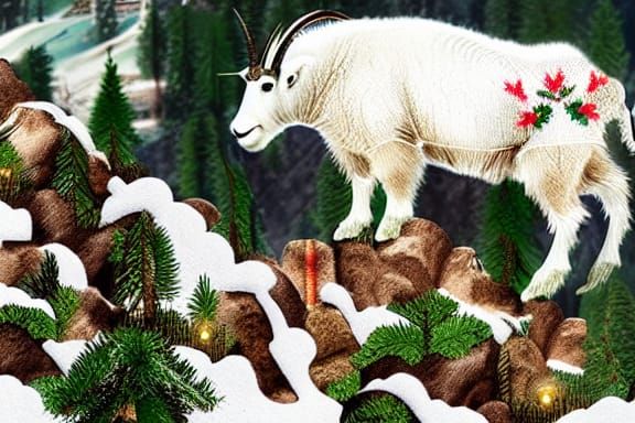 mountain goat wearing a Christmas sweater panorama