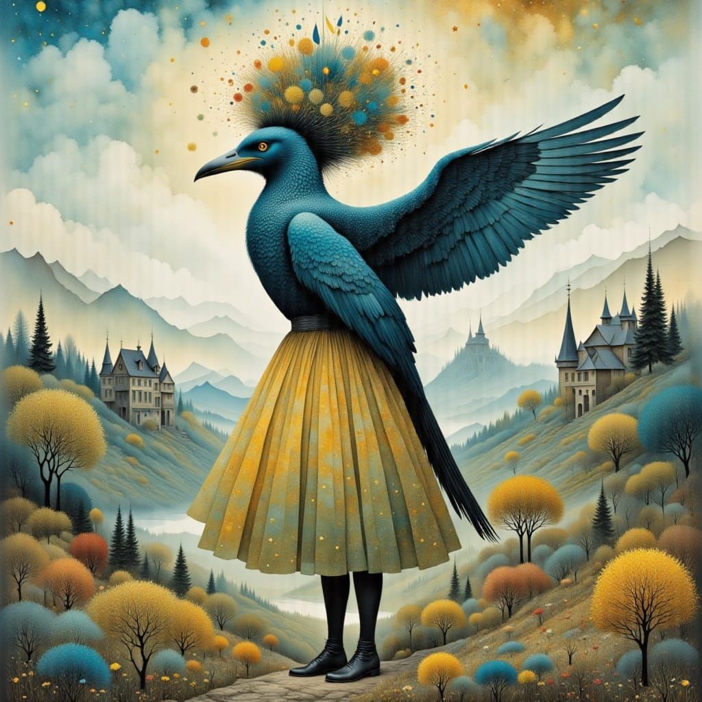 Friendly Harpy in Surreal Watercolor Landscape