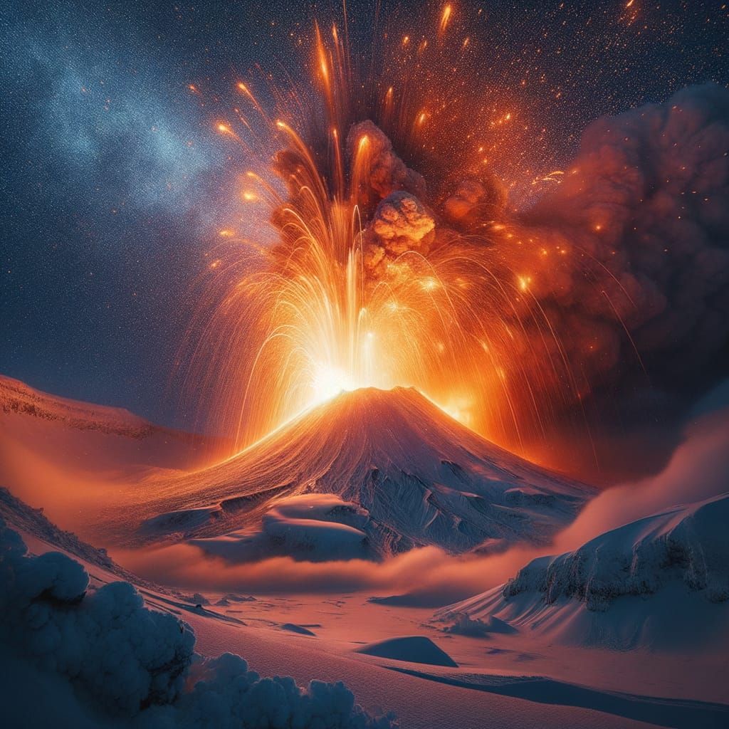 Snow Volcano Erupts Orange Lava into Winter Sky