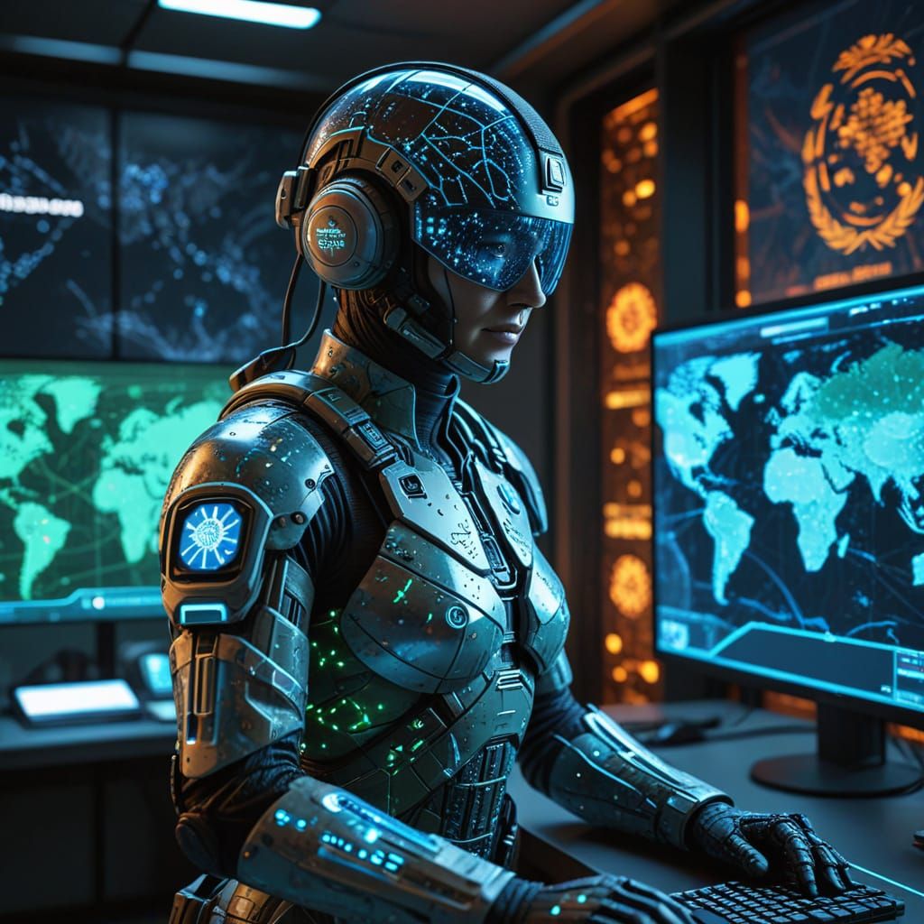 Futuristic Canadian Peacekeeper in UN Command Center