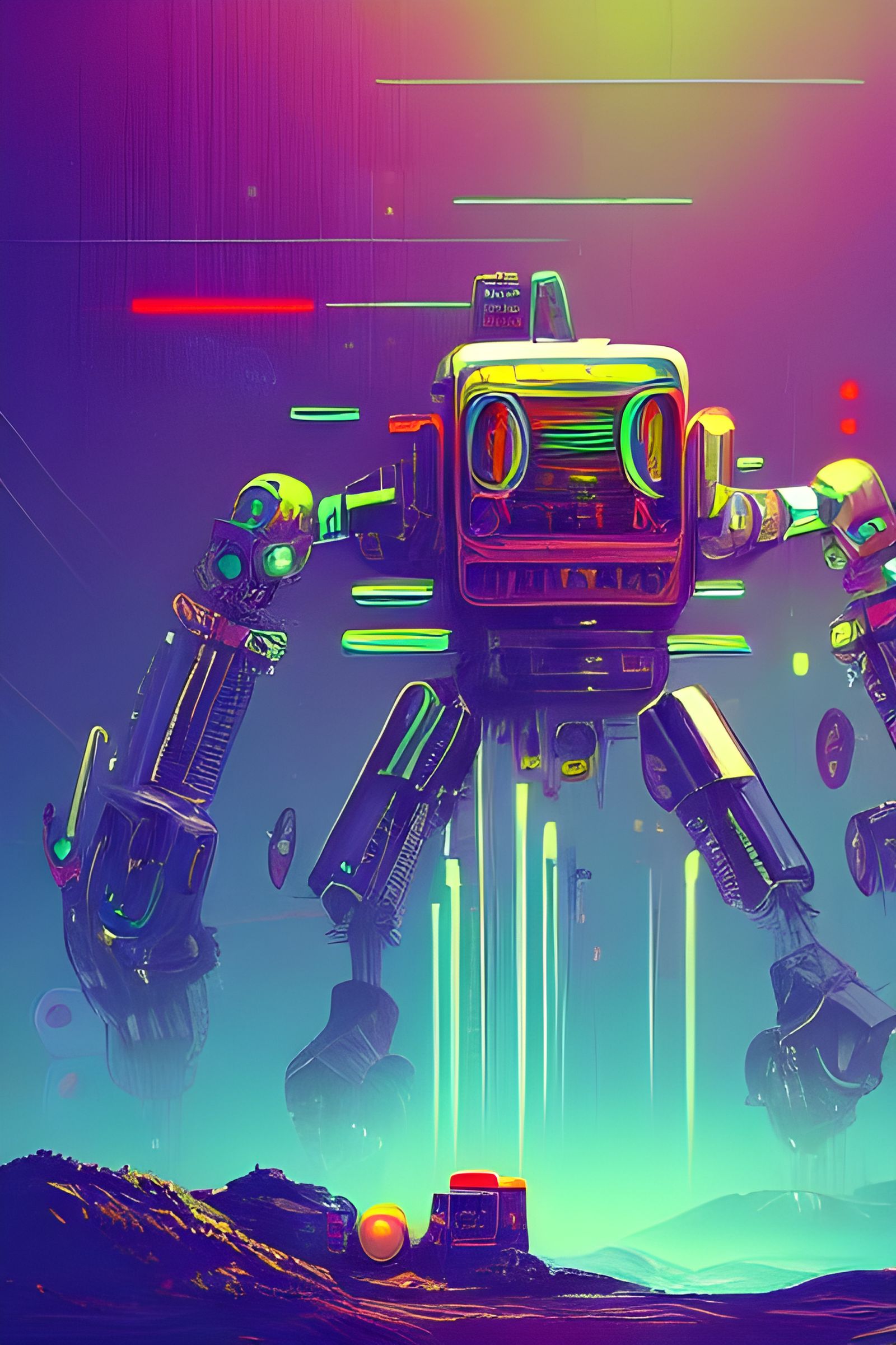 Psychedelic Cyberpunk Mech Fight in Digital Illustration