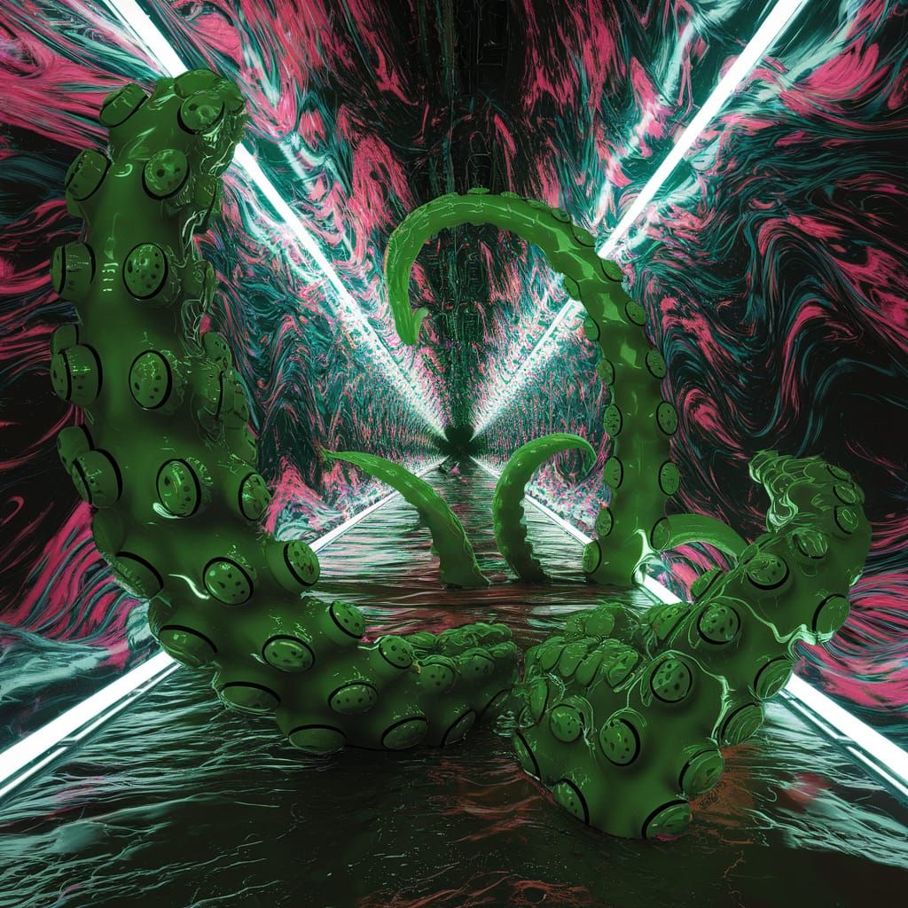 Surreal Neon Odyssey in Acidic Fractal Tunnel